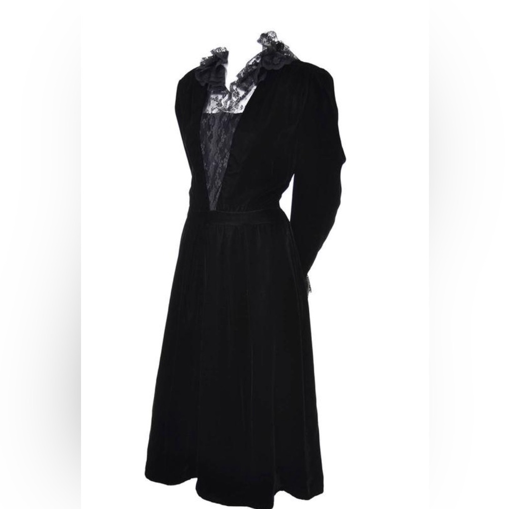 Albert Nipon Whimsigoth Black Velvet Lace Dress 1970s Victorian Renaissance…